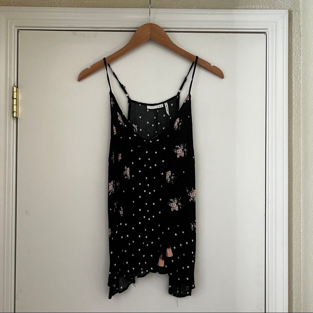 Flower and polka dot spaghetti strap tank top